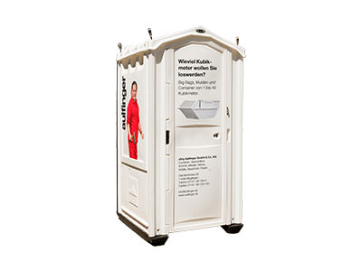 Weiße Toilettenkabine beklebt mit Informationen zu Jörg Aulfinger GmbH & Co. KG und Bild von Mitarbeiter in rot