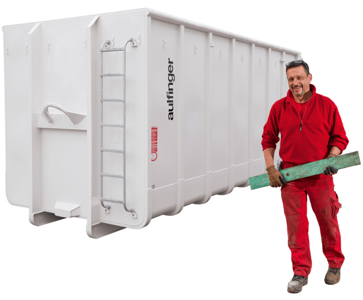 Mitarbeiter der Jörg Aulfinger GmbH & Co. KG vor Abrollcontainer